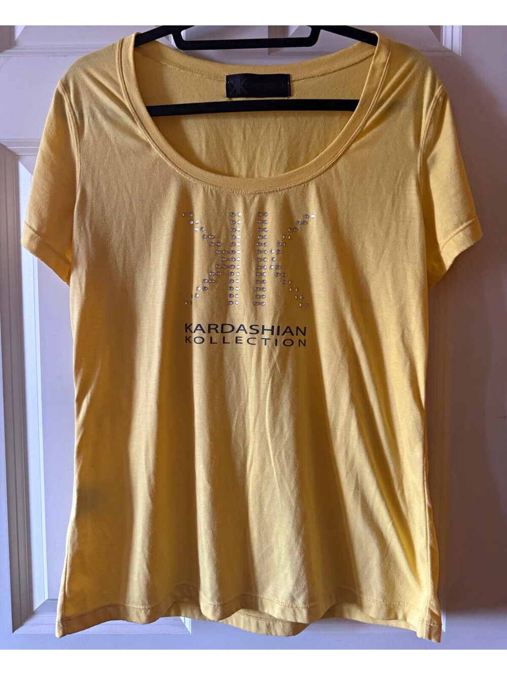 Kardashian Kollection Yellow Scoop Neck Short Sleeve Rhinestone Logo Tee XL